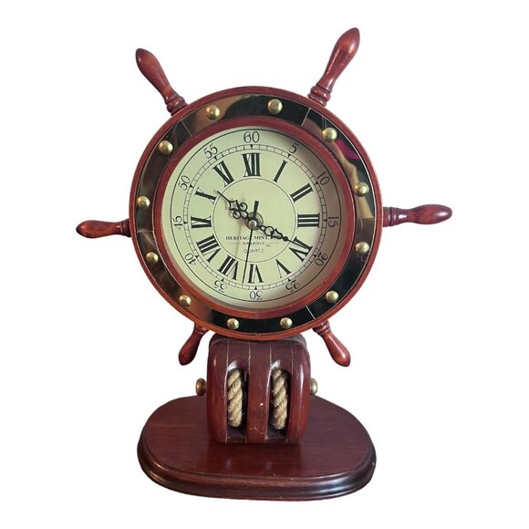 Ship Wheel Pedestal Style Mantel Clock Heritage Mint Wood Blocks and Tackle - Picture 1 of 9